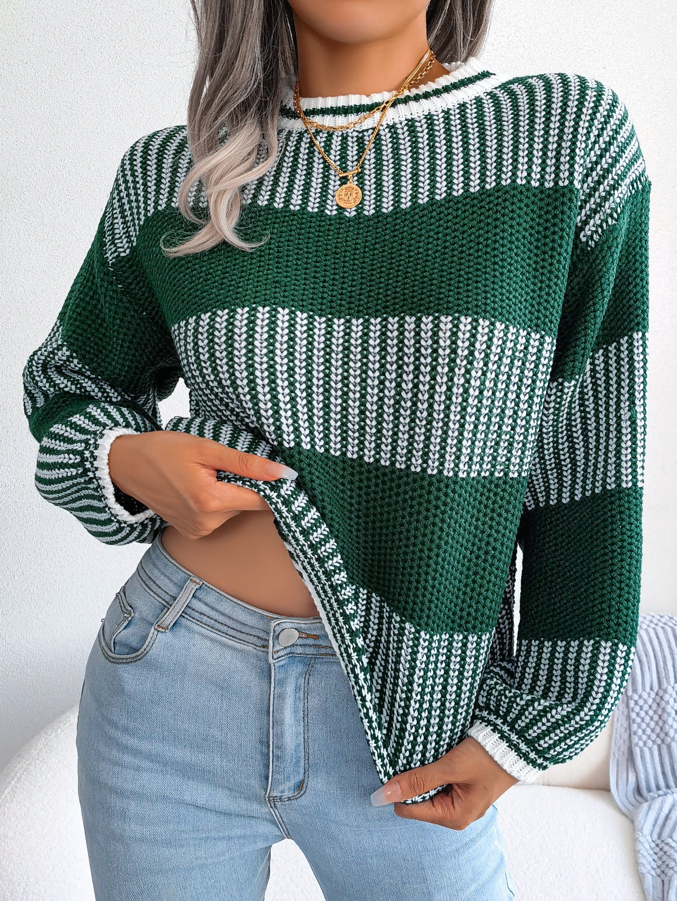 Women Casual Color Block Stripe Long Sleeve Knit Sweater Olgosential