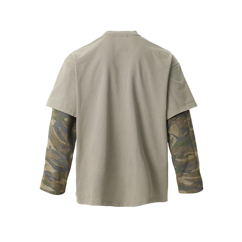 Retro Camouflage Faux Two-piece Long Sleeve T-shirt Top Olgosential
