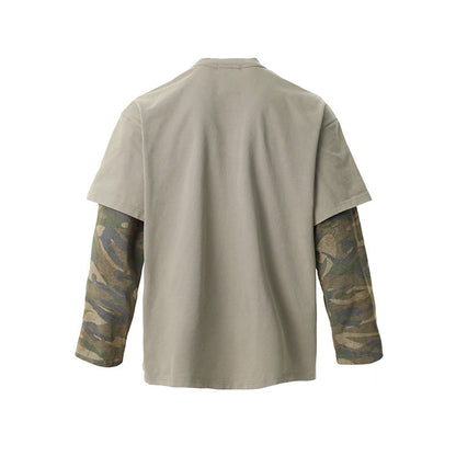 Retro Camouflage Faux Two-piece Long Sleeve T-shirt Top Olgosential