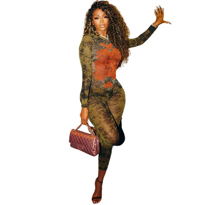 Women's Printed Sexy Mesh High Waist Slim-fit Zipper Long-sleeved Jumpsuit olgosential