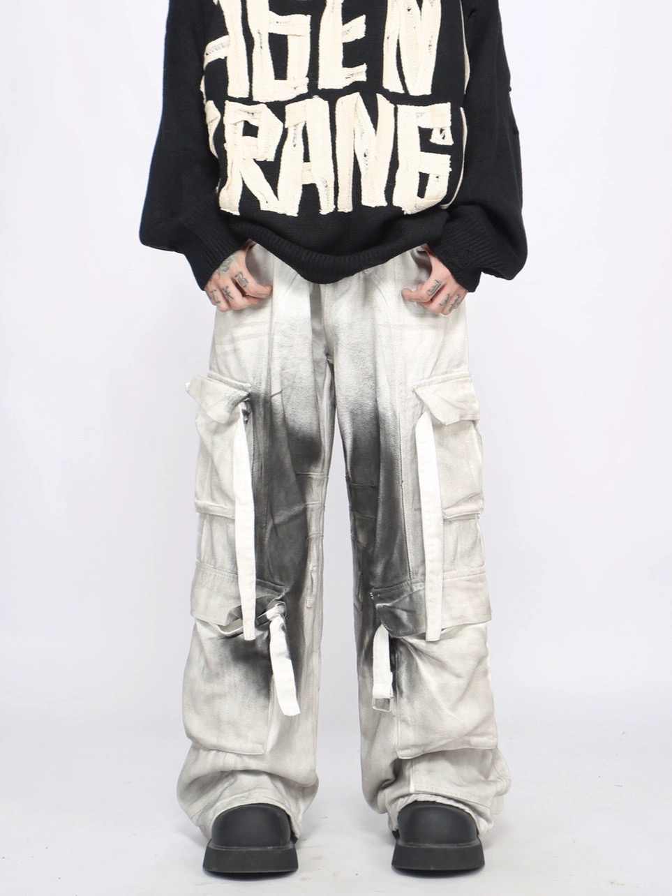 Splash Ink Multi-pocket Cargo Pants Men's Loose Straight Mopping Pants olgosential