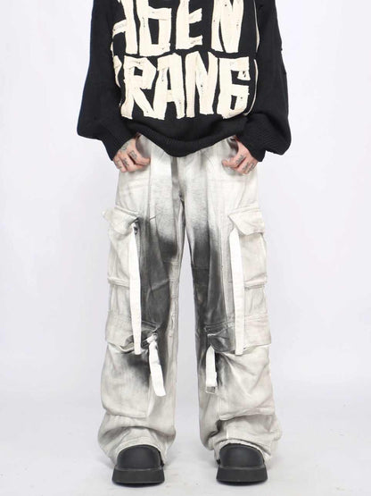 Splash Ink Multi-pocket Cargo Pants Men's Loose Straight Mopping Pants olgosential