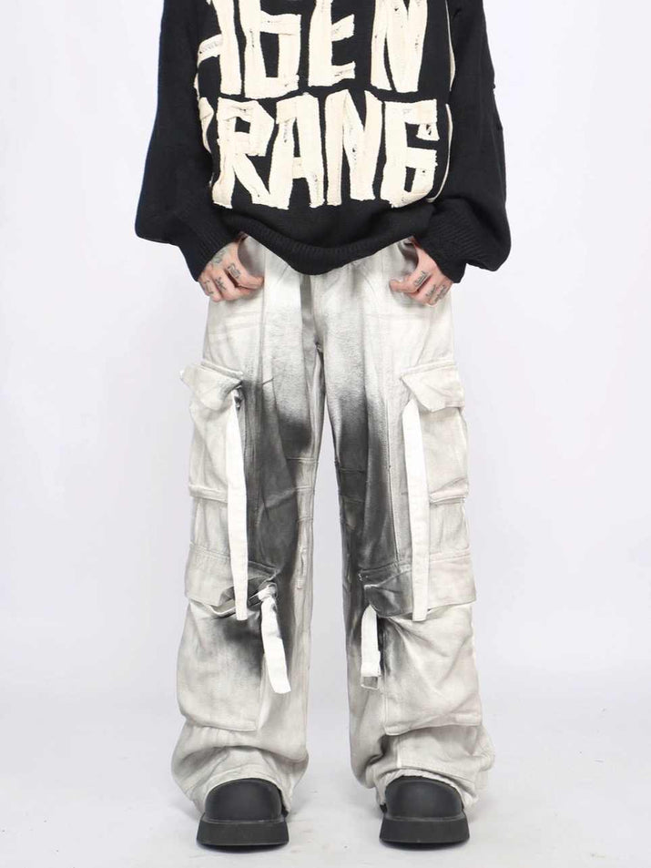 Splash Ink Multi-pocket Cargo Pants Men's Loose Straight Mopping Pants olgosential
