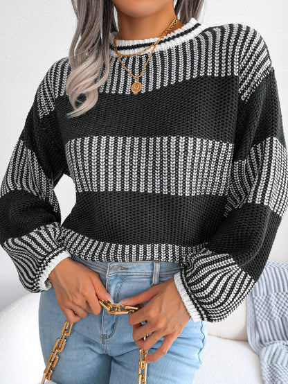 Women Casual Color Block Stripe Long Sleeve Knit Sweater Olgosential