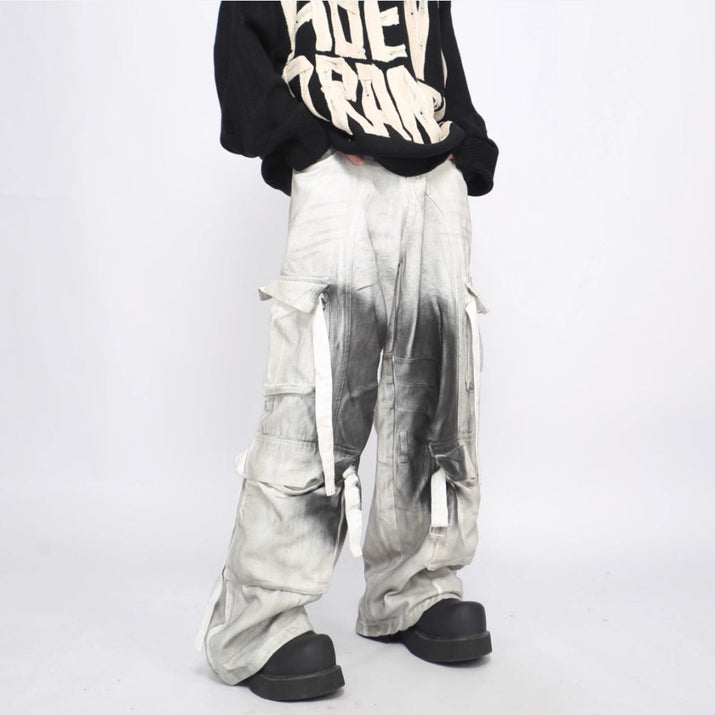 Splash Ink Multi-pocket Cargo Pants Men's Loose Straight Mopping Pants olgosential