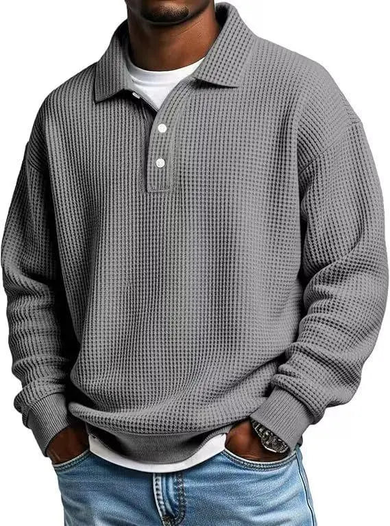 Men's quarter button Polo Shirt, Retro Solid-Color Top