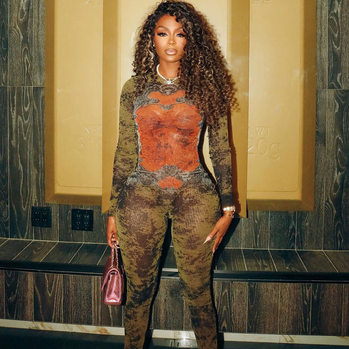 Women's Printed Sexy Mesh High Waist Slim-fit Zipper Long-sleeved Jumpsuit olgosential