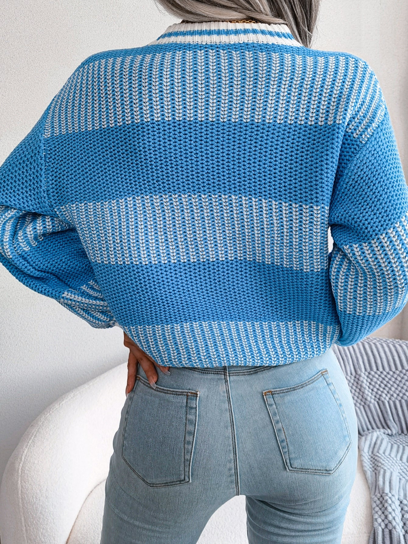 Women Casual Color Block Stripe Long Sleeve Knit Sweater Olgosential