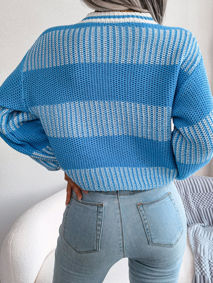 Women Casual Color Block Stripe Long Sleeve Knit Sweater Olgosential