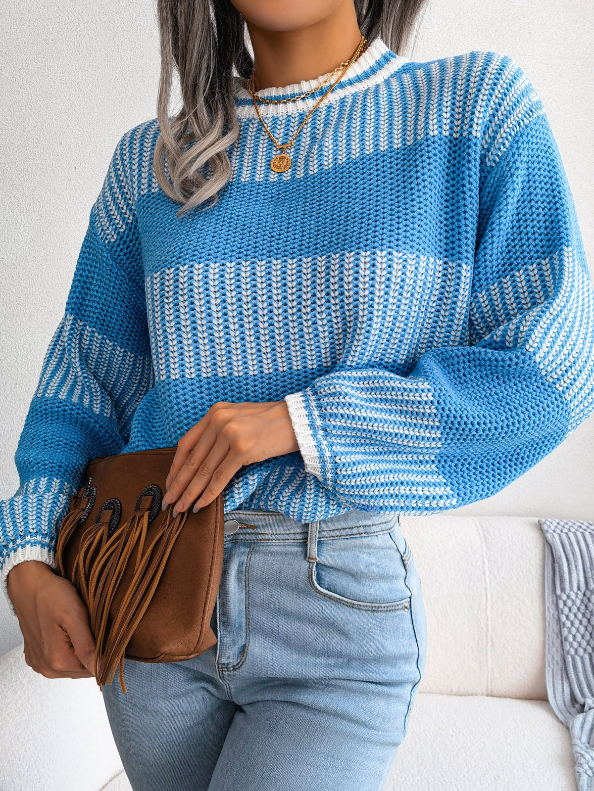 Women Casual Color Block Stripe Long Sleeve Knit Sweater Olgosential