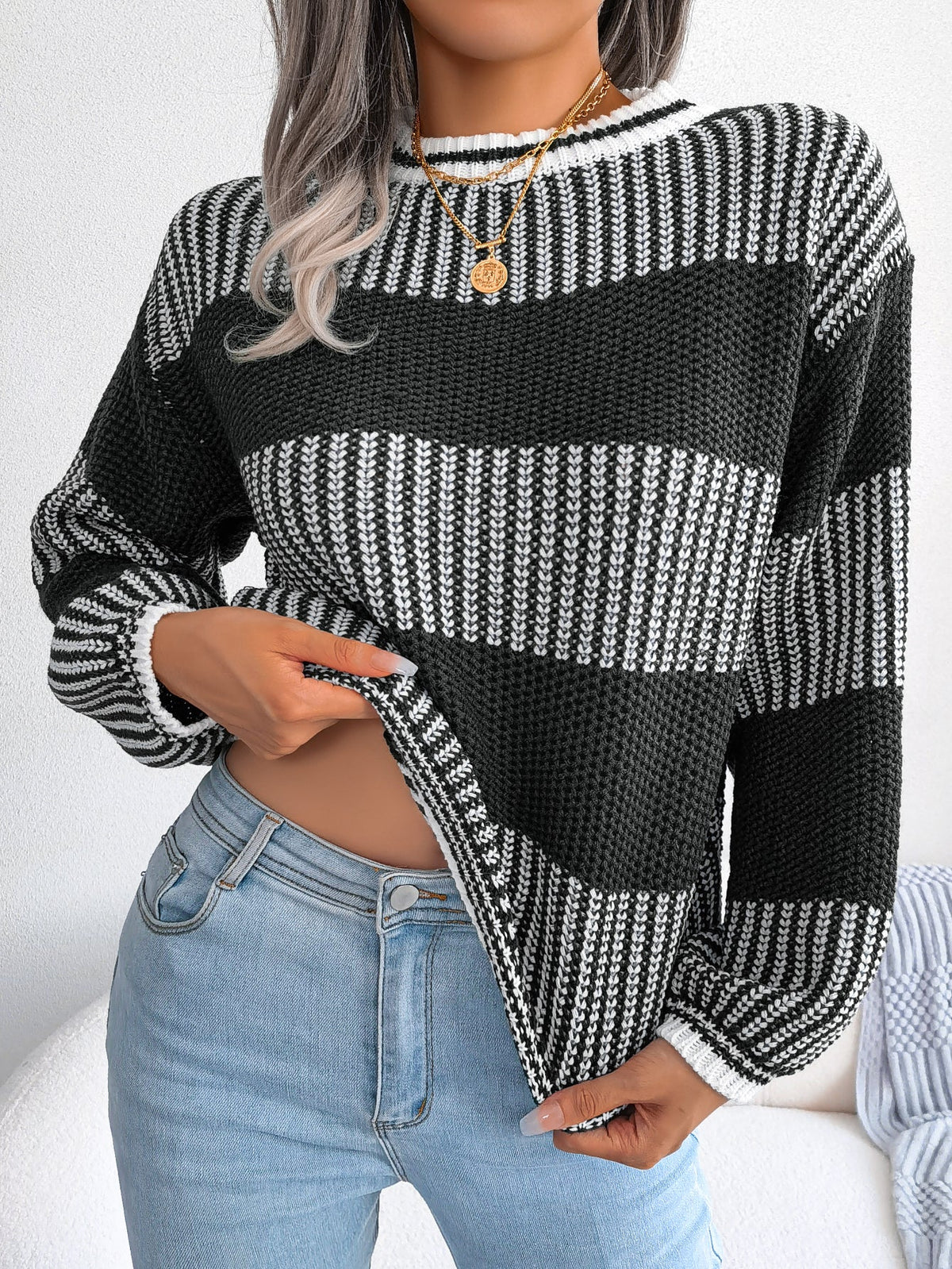 Women Casual Color Block Stripe Long Sleeve Knit Sweater Olgosential