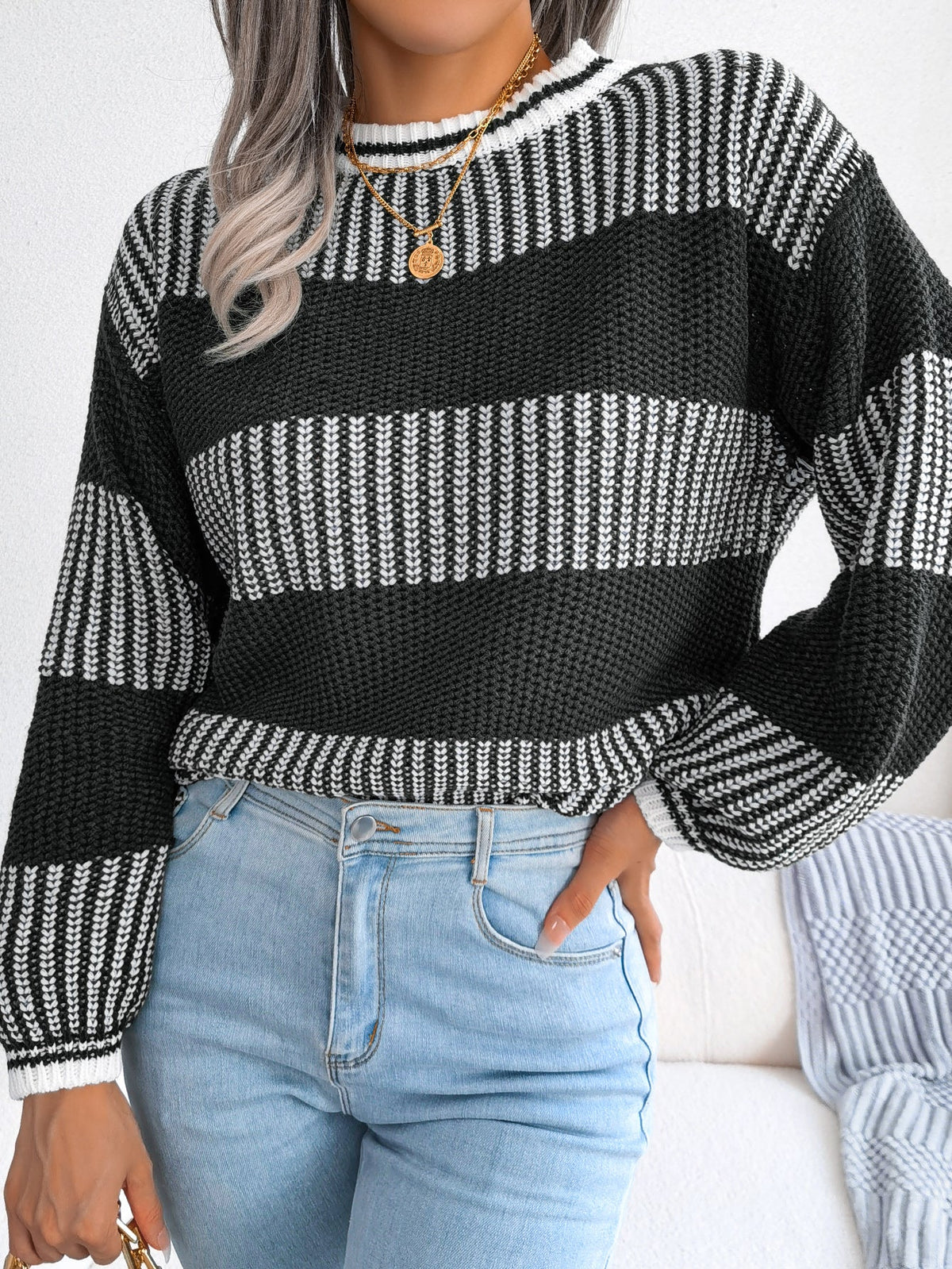 Women Casual Color Block Stripe Long Sleeve Knit Sweater Olgosential