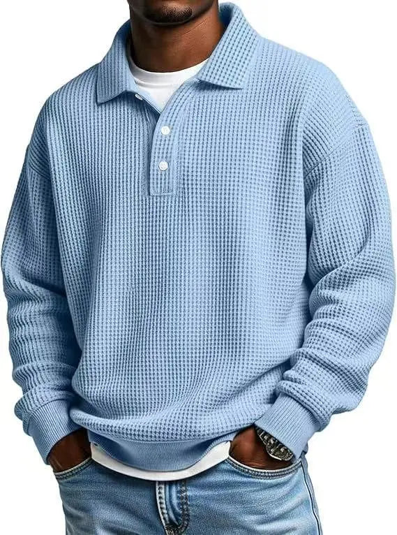 Men's quarter button Polo Shirt, Retro Solid-Color Top