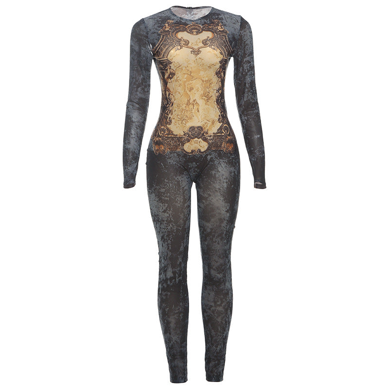 Women's Printed Sexy Mesh High Waist Slim-fit Zipper Long-sleeved Jumpsuit olgosential