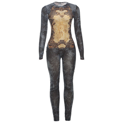 Women's Printed Sexy Mesh High Waist Slim-fit Zipper Long-sleeved Jumpsuit olgosential