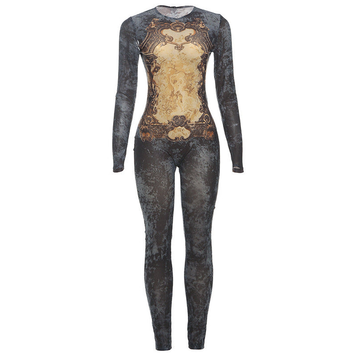 Women's Printed Sexy Mesh High Waist Slim-fit Zipper Long-sleeved Jumpsuit olgosential