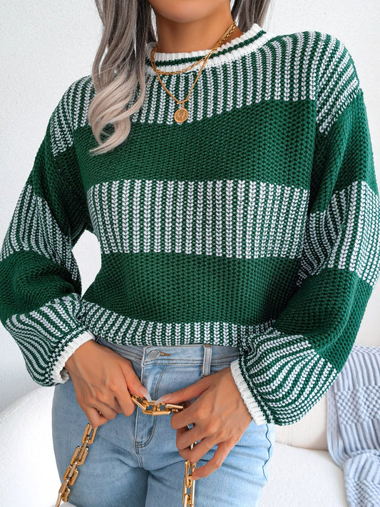 Women Casual Color Block Stripe Long Sleeve Knit Sweater Olgosential