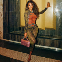Women's Printed Sexy Mesh High Waist Slim-fit Zipper Long-sleeved Jumpsuit olgosential
