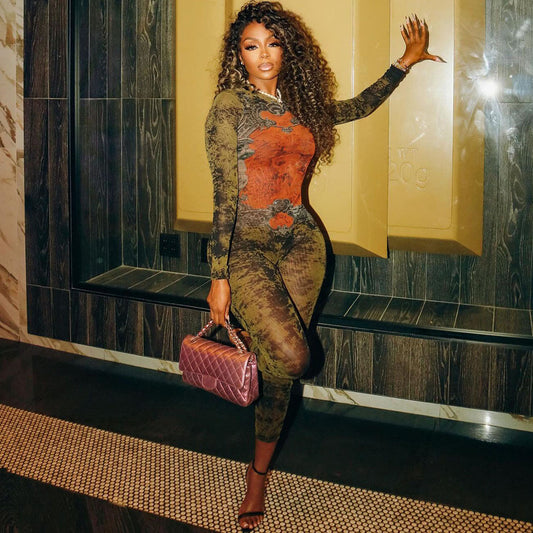 Women's Printed Sexy Mesh High Waist Slim-fit Zipper Long-sleeved Jumpsuit olgosential