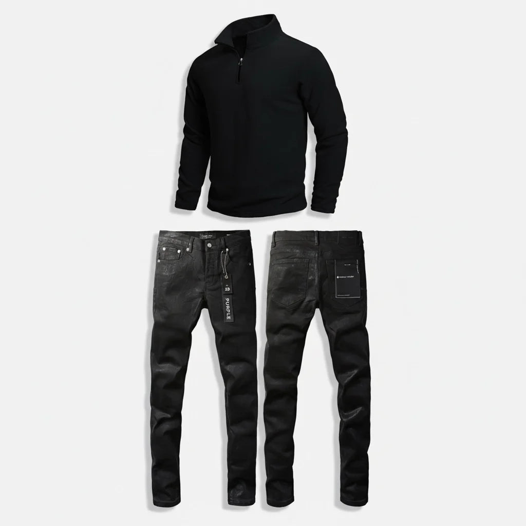 New Trend Kit: Purple Black Jeans & Stand Collar Sweatshirt Fast Bundle